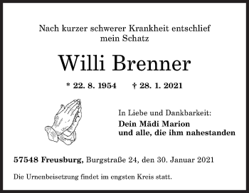 Traueranzeige von Willi Brenner von Siegener Zeitung