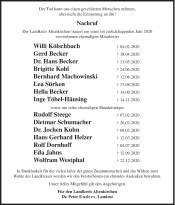 Traueranzeige von Willi Kölschbach von Siegener Zeitung