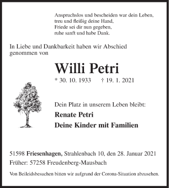 Traueranzeige von Willi Petri von Siegener Zeitung