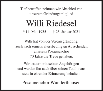 Traueranzeige von Willi Riedesel von Siegener Zeitung