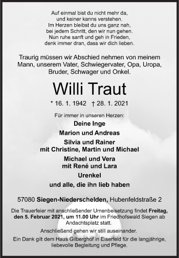 Traueranzeige von Willi Traut von Siegener Zeitung