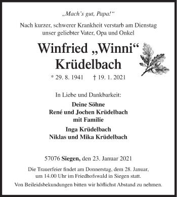 Traueranzeige von Winfried Krüdelbach von Siegener Zeitung