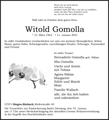 Traueranzeige von Witold Gomolla von Siegener Zeitung