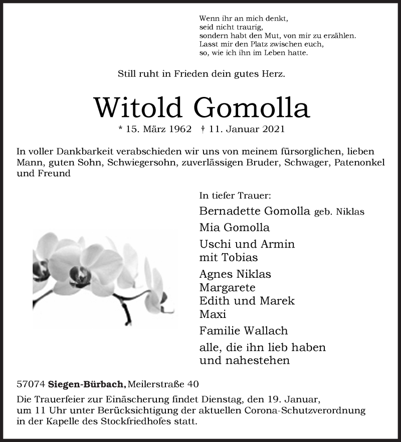  Traueranzeige für Witold Gomolla vom 15.01.2021 aus Siegener Zeitung
