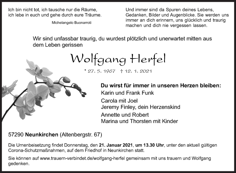  Traueranzeige für Wolfgang Herfel vom 18.01.2021 aus Siegener Zeitung