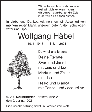 Traueranzeige von Wolfgang Häbel von Siegener Zeitung