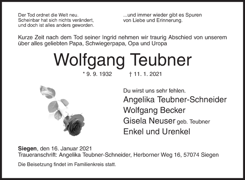  Traueranzeige für Wolfgang Teubner vom 16.01.2021 aus Siegener Zeitung