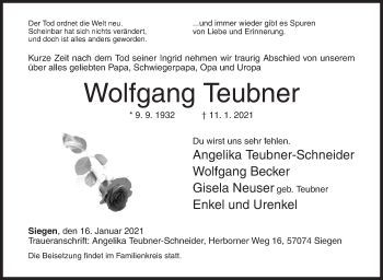 Traueranzeige von Wolfgang Teubner von Siegener Zeitung