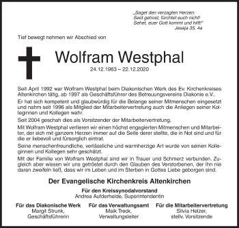 Traueranzeige von Wolfram Westphal von Siegener Zeitung