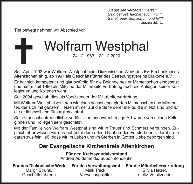  Traueranzeige für Wolfram Westphal vom 02.01.2021 aus Siegener Zeitung