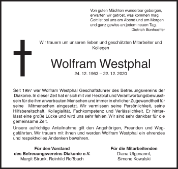 Traueranzeige von Wolfram Westphal von Siegener Zeitung