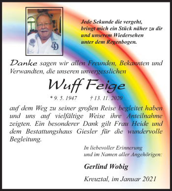 Traueranzeige von Wuff Feige von Siegener Zeitung