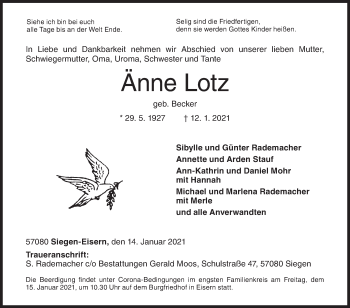 Traueranzeige von Änne Lotz von Siegener Zeitung
