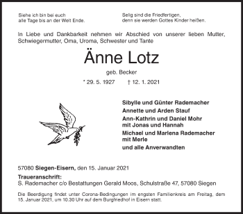 Traueranzeige von Änne Lotz von Siegener Zeitung