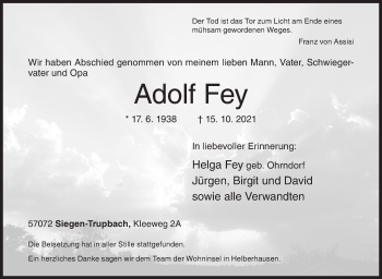 Traueranzeige von Adolf Fey von Siegener Zeitung