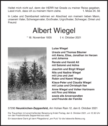 Traueranzeige von Albert Wiegel von Siegener Zeitung