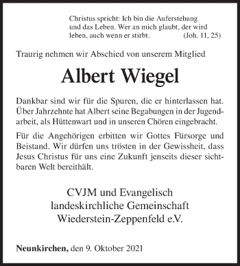 Traueranzeige von Albert Wiegel von Siegener Zeitung