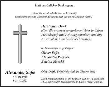 Traueranzeige von Alexander Saße von Siegener Zeitung
