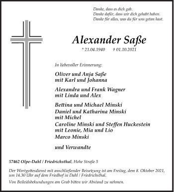 Traueranzeige von Alexander Saße von Siegener Zeitung