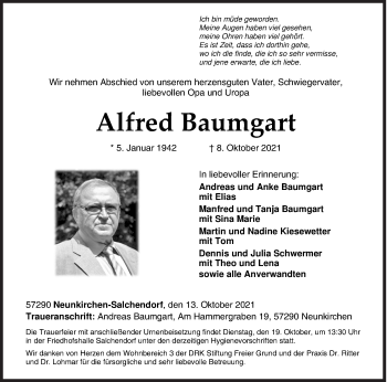 Traueranzeige von Alfred Baumgart von Siegener Zeitung