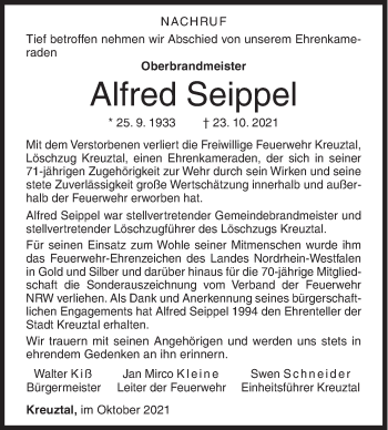 Traueranzeige von Alfred Seippel von Siegener Zeitung