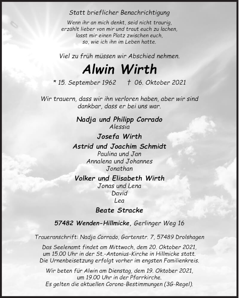  Traueranzeige für Alwin Wirth vom 15.10.2021 aus Siegener Zeitung