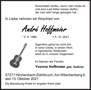 Traueranzeige von André Hoffmeier von Siegener Zeitung