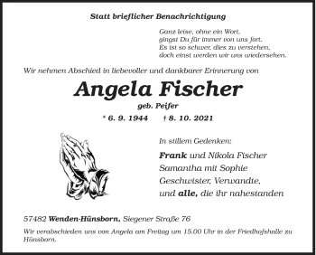 Traueranzeige von Angela Fischer von Siegener Zeitung