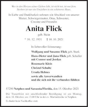 Traueranzeige von Anita Flick von Siegener Zeitung