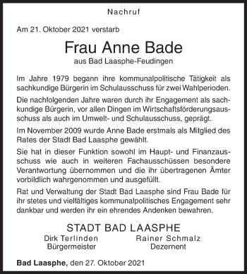 Traueranzeige von Anne Bade von Siegener Zeitung
