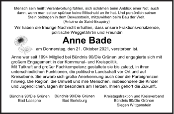 Traueranzeige von Anne Bade von Siegener Zeitung