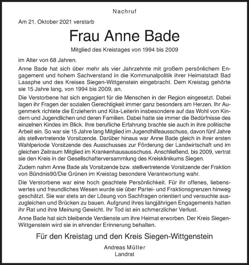  Traueranzeige für Anne Bade vom 23.10.2021 aus Siegener Zeitung