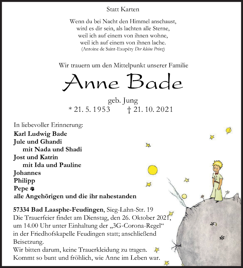  Traueranzeige für Anne Bade vom 23.10.2021 aus Siegener Zeitung