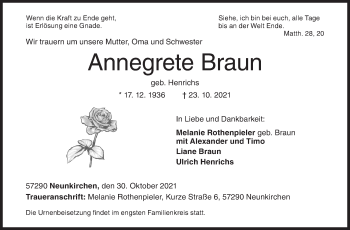 Traueranzeige von Annegrete Braun von Siegener Zeitung