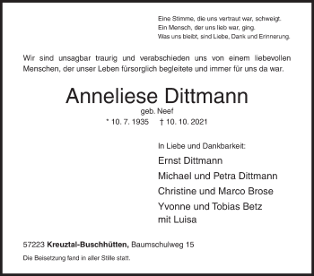 Traueranzeige von Anneliese Dittmann von Siegener Zeitung