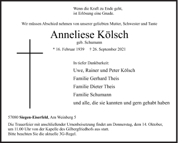 Traueranzeige von Anneliese Kölsch von Siegener Zeitung