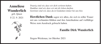Traueranzeige von Anneliese Wunderlich von Siegener Zeitung