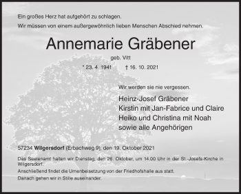 Traueranzeige von Annemarie Gräbener von Siegener Zeitung