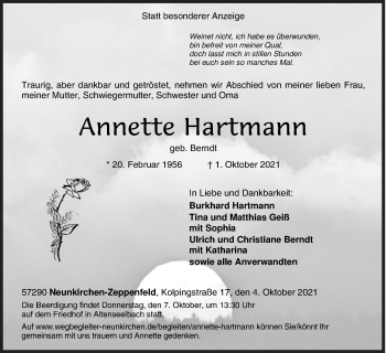 Traueranzeige von Annette Hartmann von Siegener Zeitung