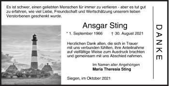 Traueranzeige von Ansgar Sting von Siegener Zeitung