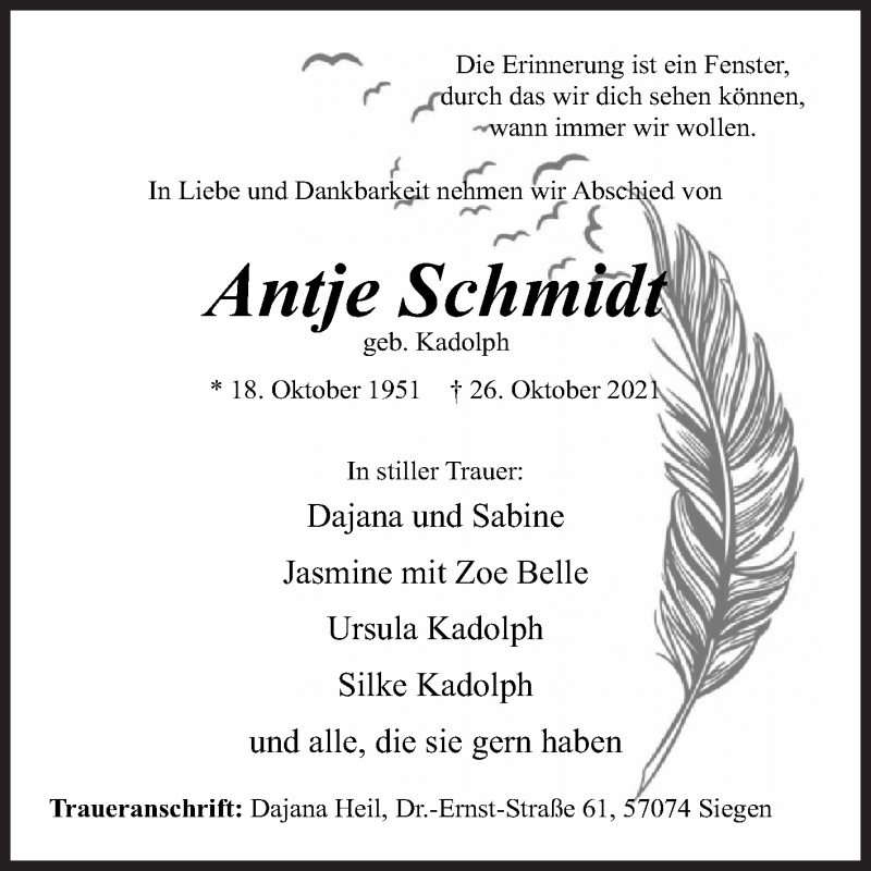  Traueranzeige für Antje Schmidt vom 30.10.2021 aus Siegener Zeitung