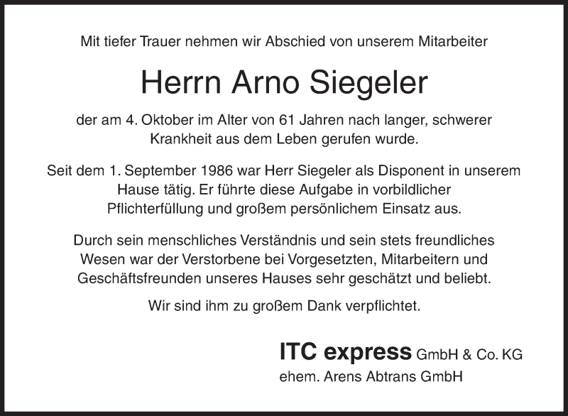 Traueranzeige für Arno Siegeler vom 13.10.2021 aus Siegener Zeitung
