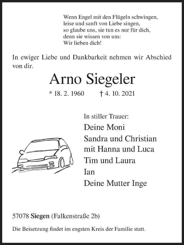  Traueranzeige für Arno Siegeler vom 07.10.2021 aus Siegener Zeitung