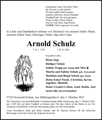 Traueranzeige von Arnold Schulz von Siegener Zeitung