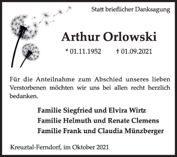 Traueranzeige von Arthur Orlowski von Siegener Zeitung