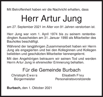 Traueranzeige von Artur Jung von Siegener Zeitung