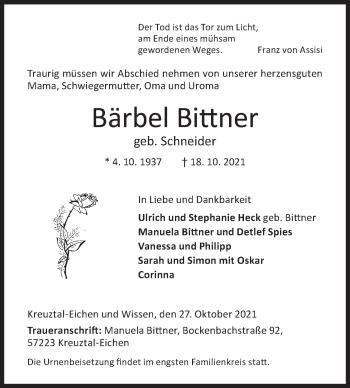 Traueranzeige von Bärbel Bittner von Siegener Zeitung