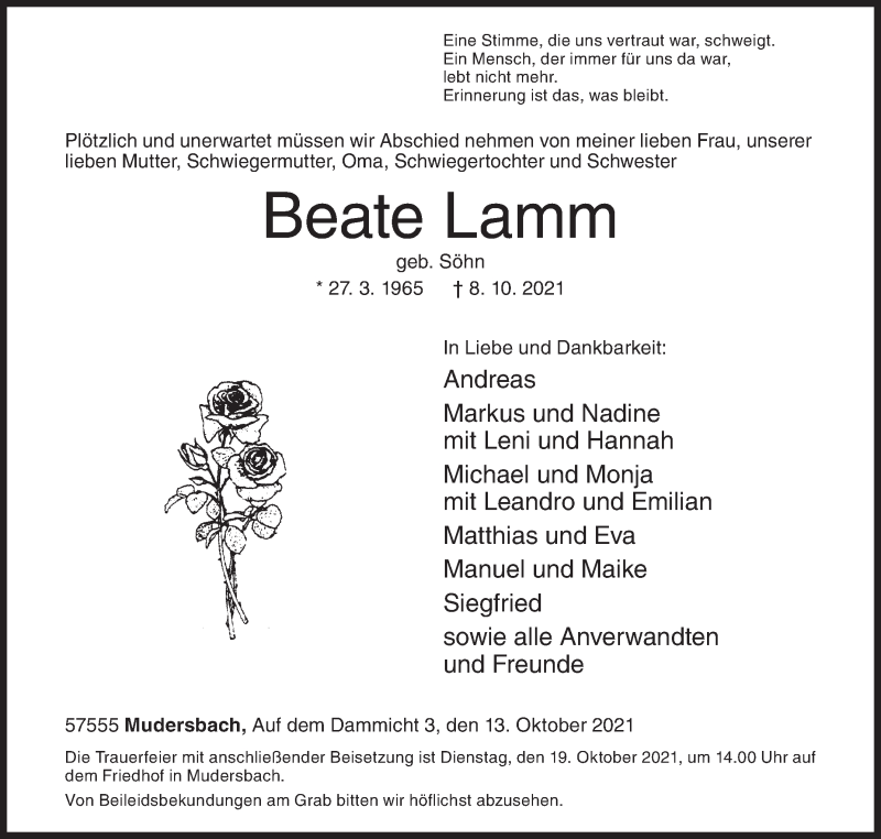  Traueranzeige für Beate Lamm vom 13.10.2021 aus Siegener Zeitung