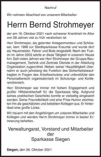 Traueranzeige von Bernd Strohmeyer von Siegener Zeitung