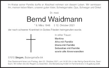 Traueranzeige von Bernd Waidmann von Siegener Zeitung